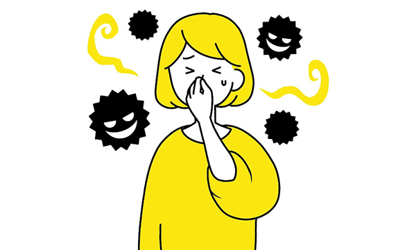 悪臭に顔を歪ませ鼻をつまむ女性のイラスト