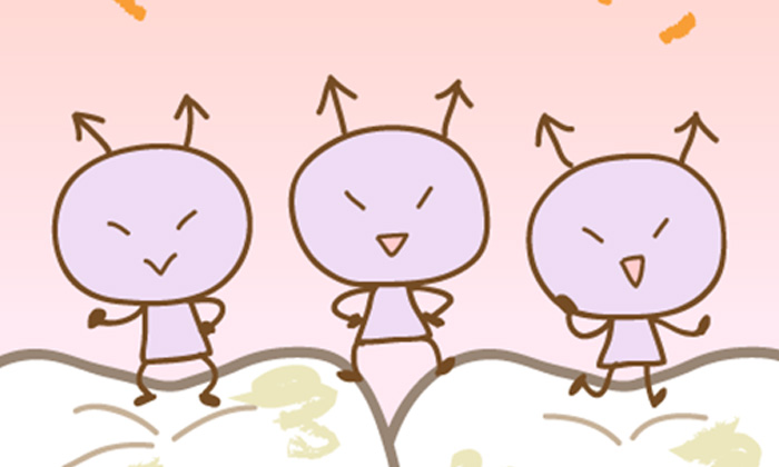 汚れた歯の上で喜ぶ虫歯菌のイラスト