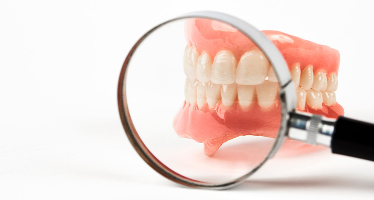 歯の模型を虫眼鏡で拡大する様子